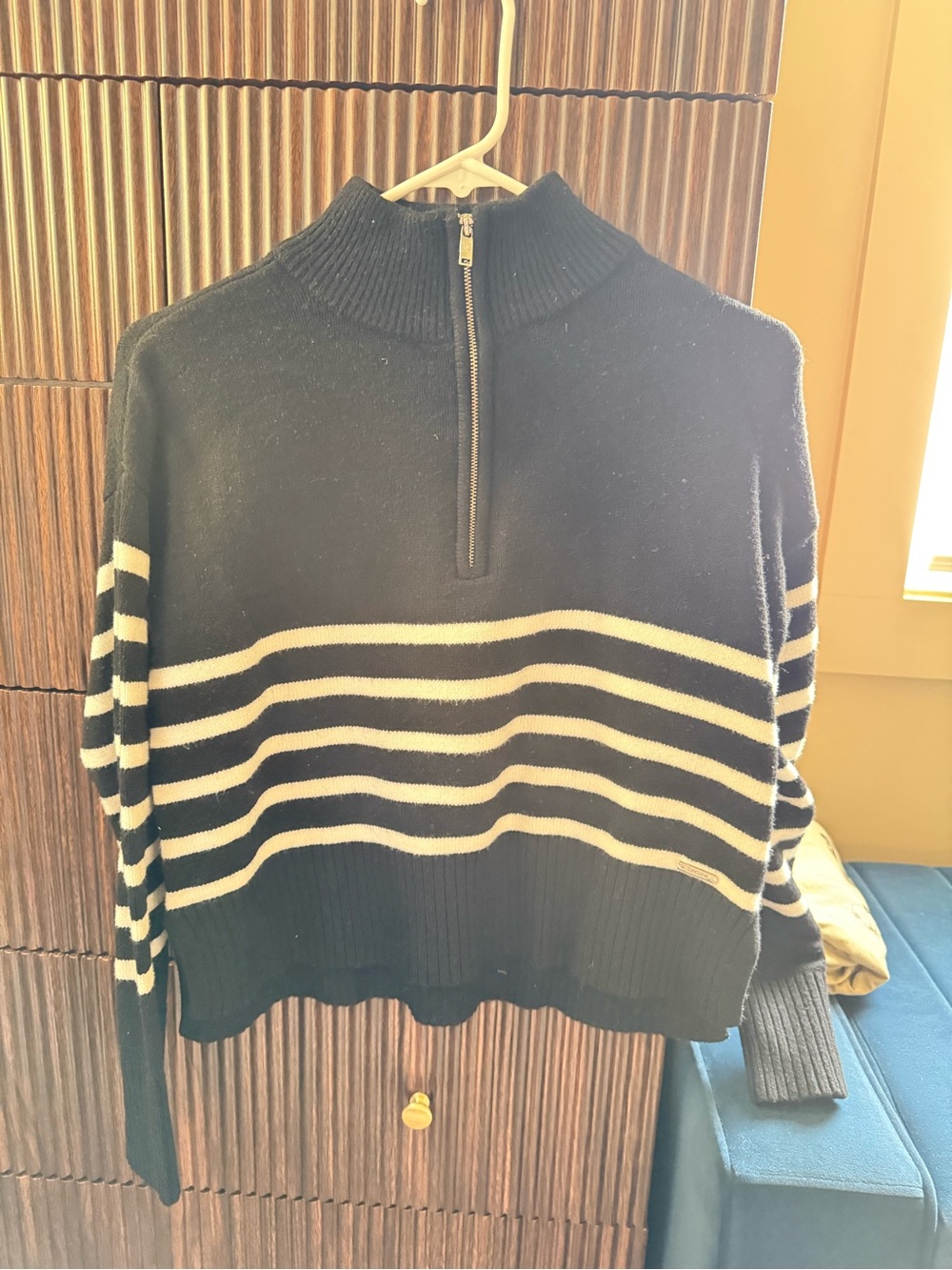DKNY Black and Cream Striped Half-Zip Turtleneck Sweater